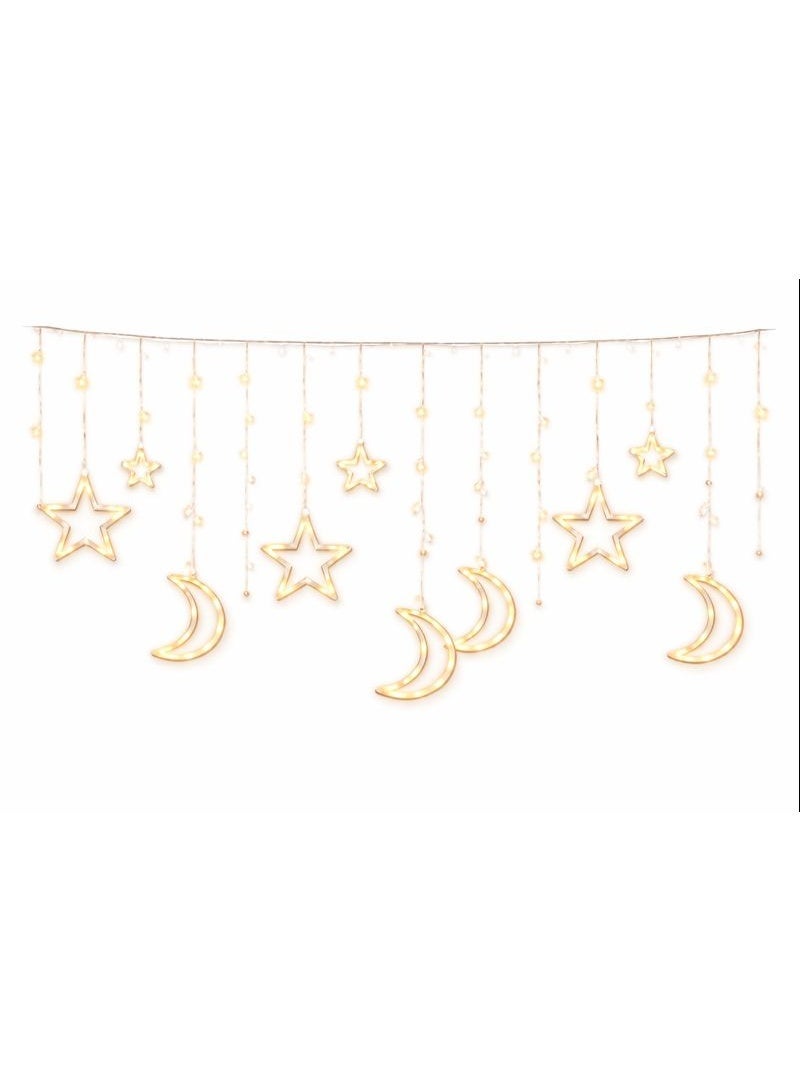 Home Care 10 Hanging Moon & Star Curtain Lights (3M), Warm LED Ramadan & Eid Decorative Plug-In String Lights with High and Low Crescent & Star Design, Color Box Packaging  Assorted design - Image 3